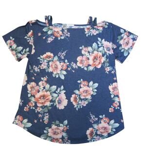 ANTHROPOLOGIE 12 PM by Mon Ami Cold Shoulder Top Size L Short Sleeve Blue Floral